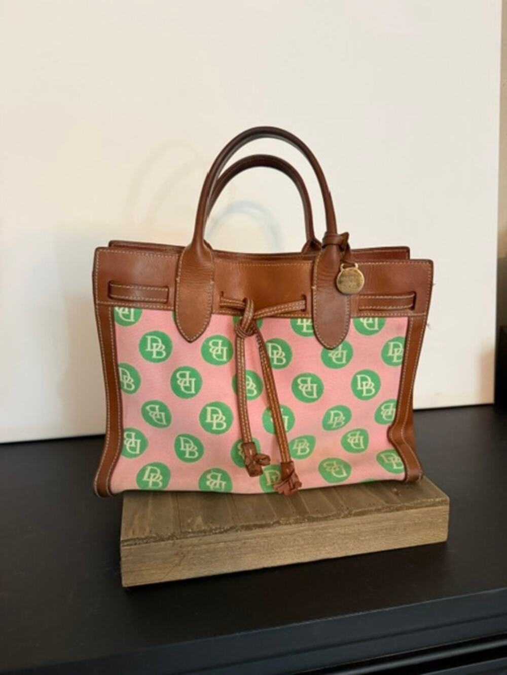 Vintage Dooney Bourke Pink Green DB Polka Dot Canvas Leather Handbag Y2K
